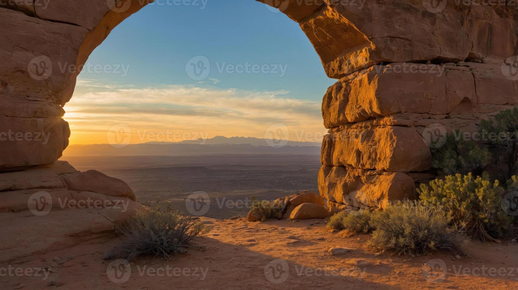 A stunning sunset view through a natural rock arch in a desert landscape. photo
