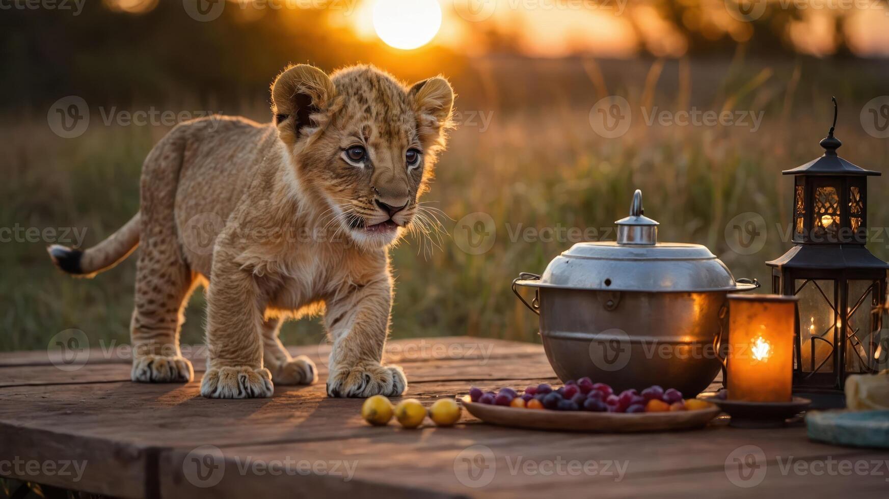 A playful lion cub explores a picnic setting at sunset, surrounded by food and lanterns. photo