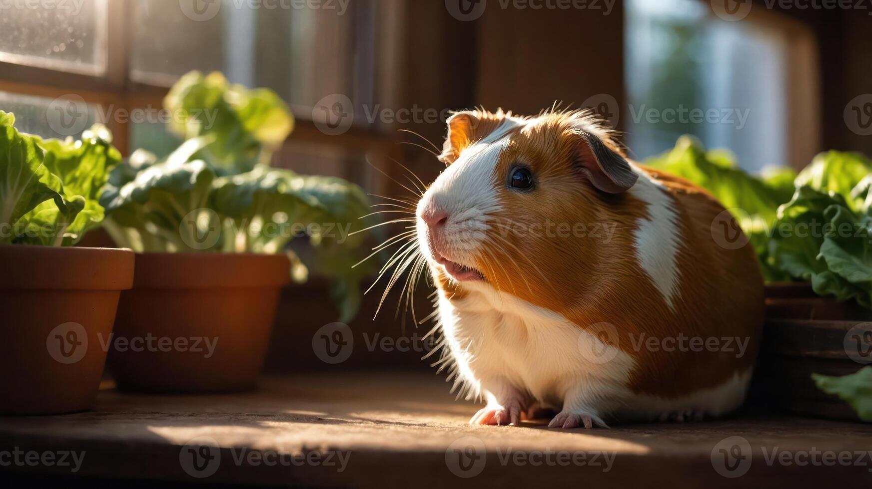 A guinea pig sits on a wooden surface near potted plants, illuminated by sunlight. photo