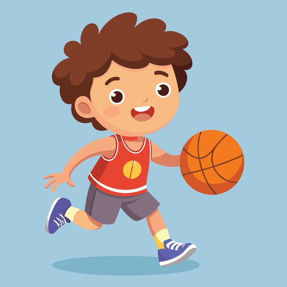 Cute Cartoon Boy Actively Playing Basketball with a Grin vector