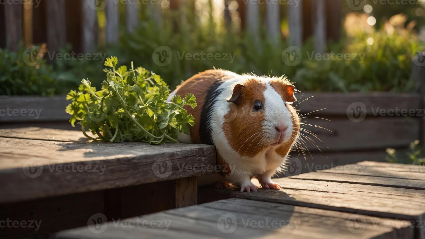 A guinea pig sits on wooden steps beside fresh greens in a natural setting. photo