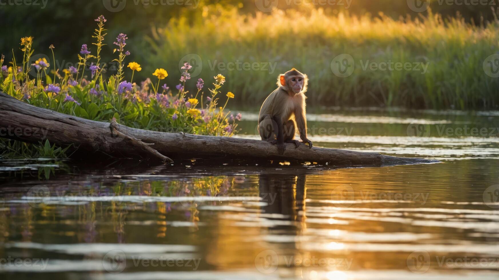 A monkey sits on a log by a serene river at sunset, surrounded by vibrant flowers. photo