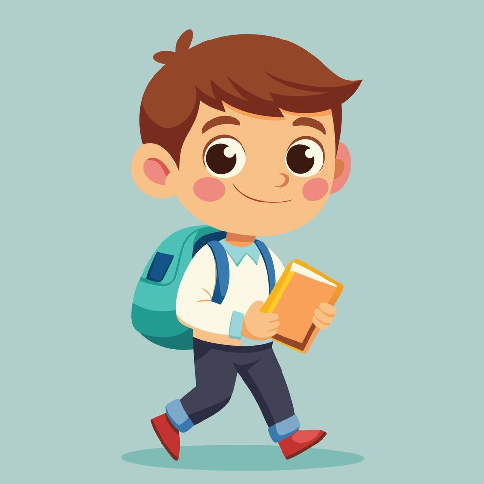 Cute Boy Excitedly Walking to School with Books in Tow vector