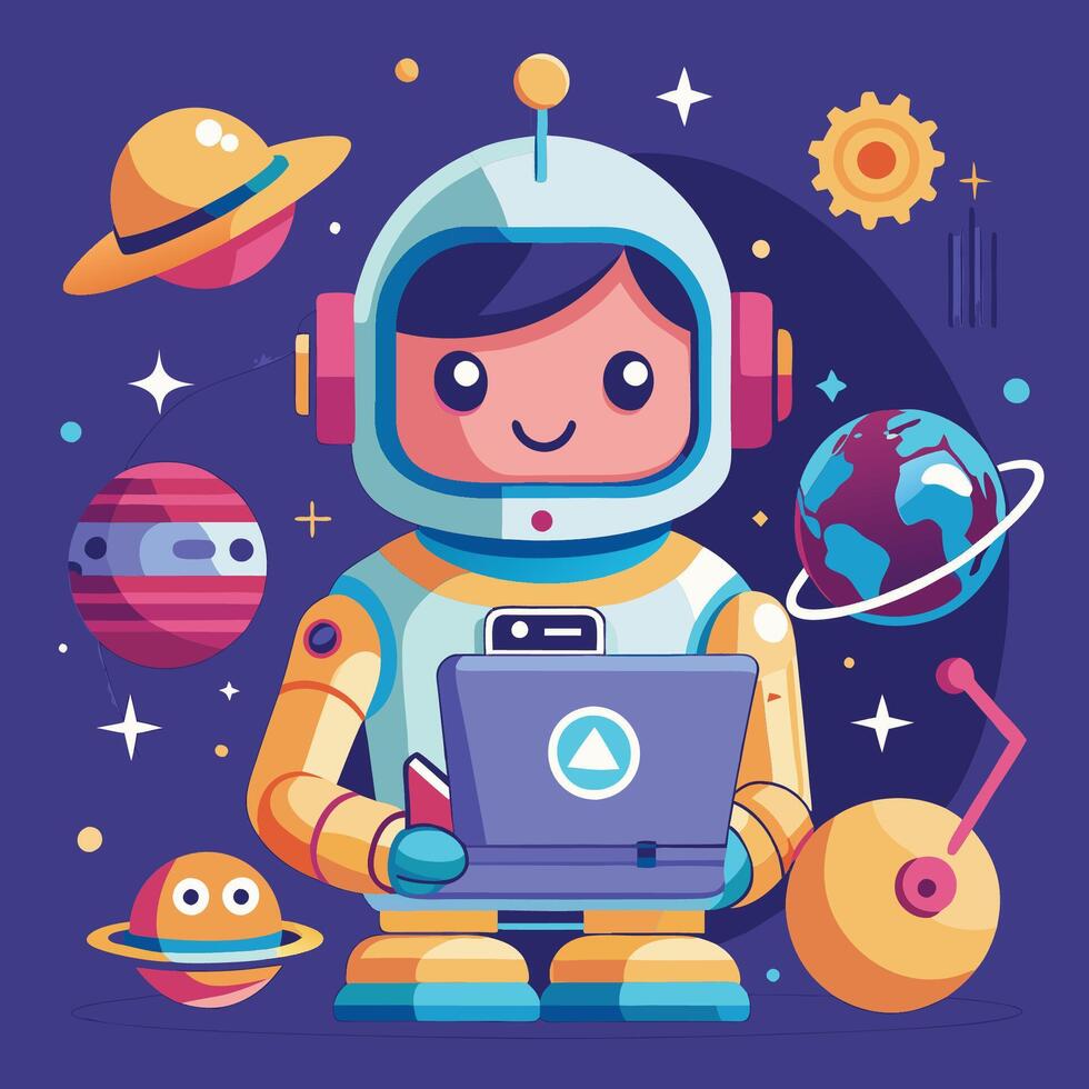 Cute Astronaut Working diligently on Laptop with Robot Companion vector