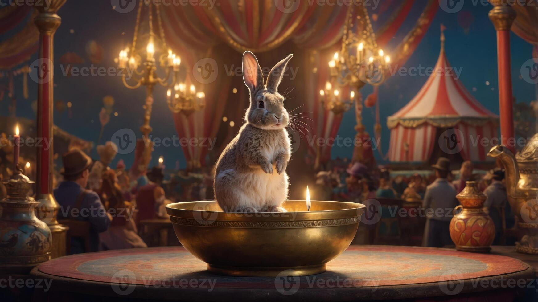 A whimsical scene featuring a rabbit in a bowl, set in a vibrant circus atmosphere. photo
