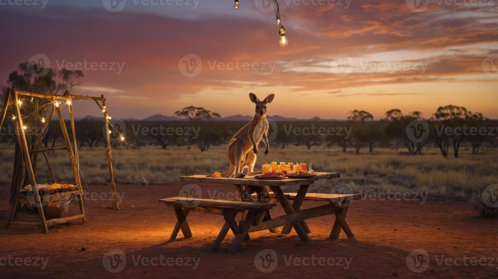 A kangaroo stands by a picnic table set for dinner under string lights at sunset. photo