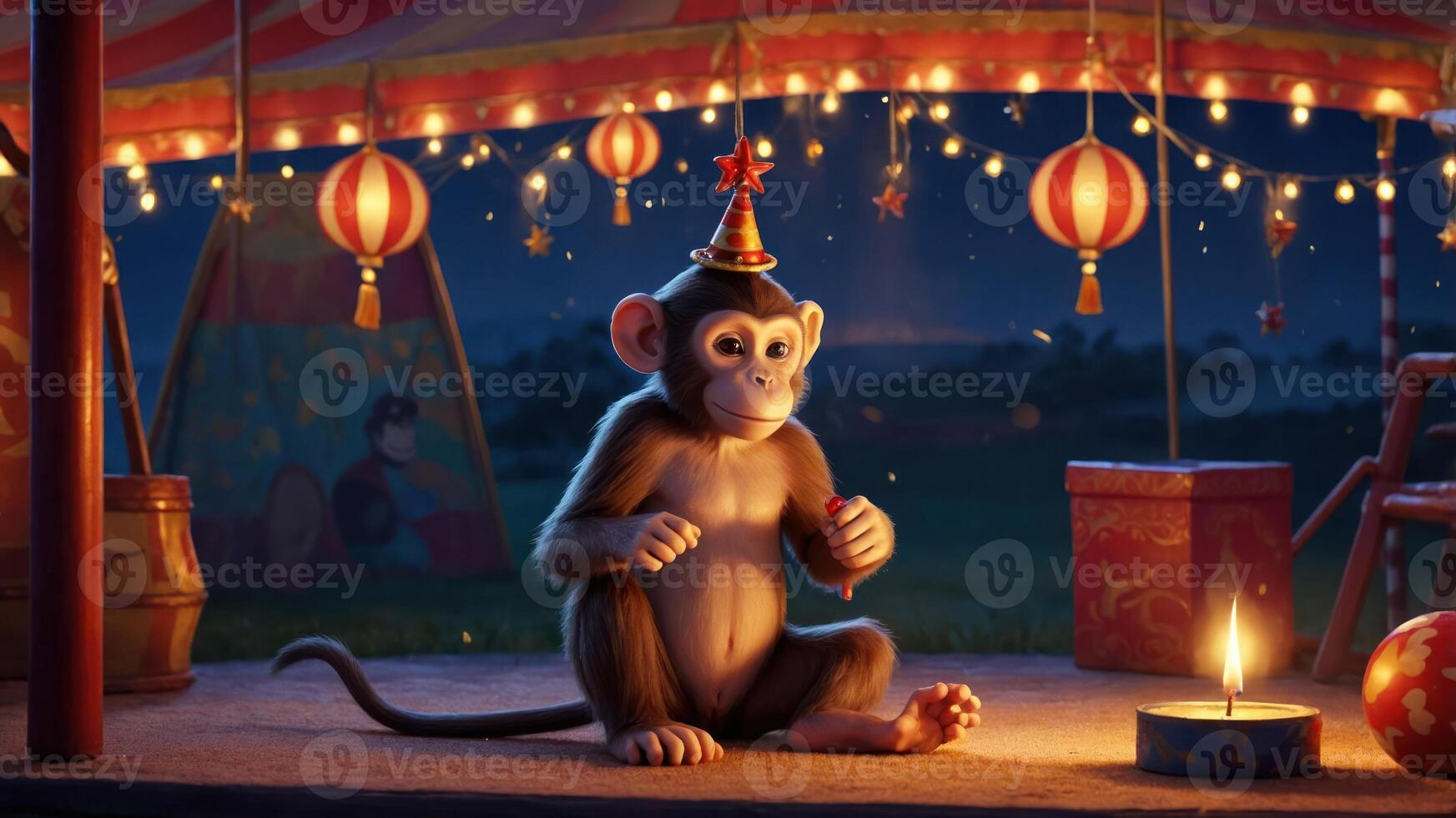 A cheerful monkey in a party hat sits beside a candle in a festive setting. photo