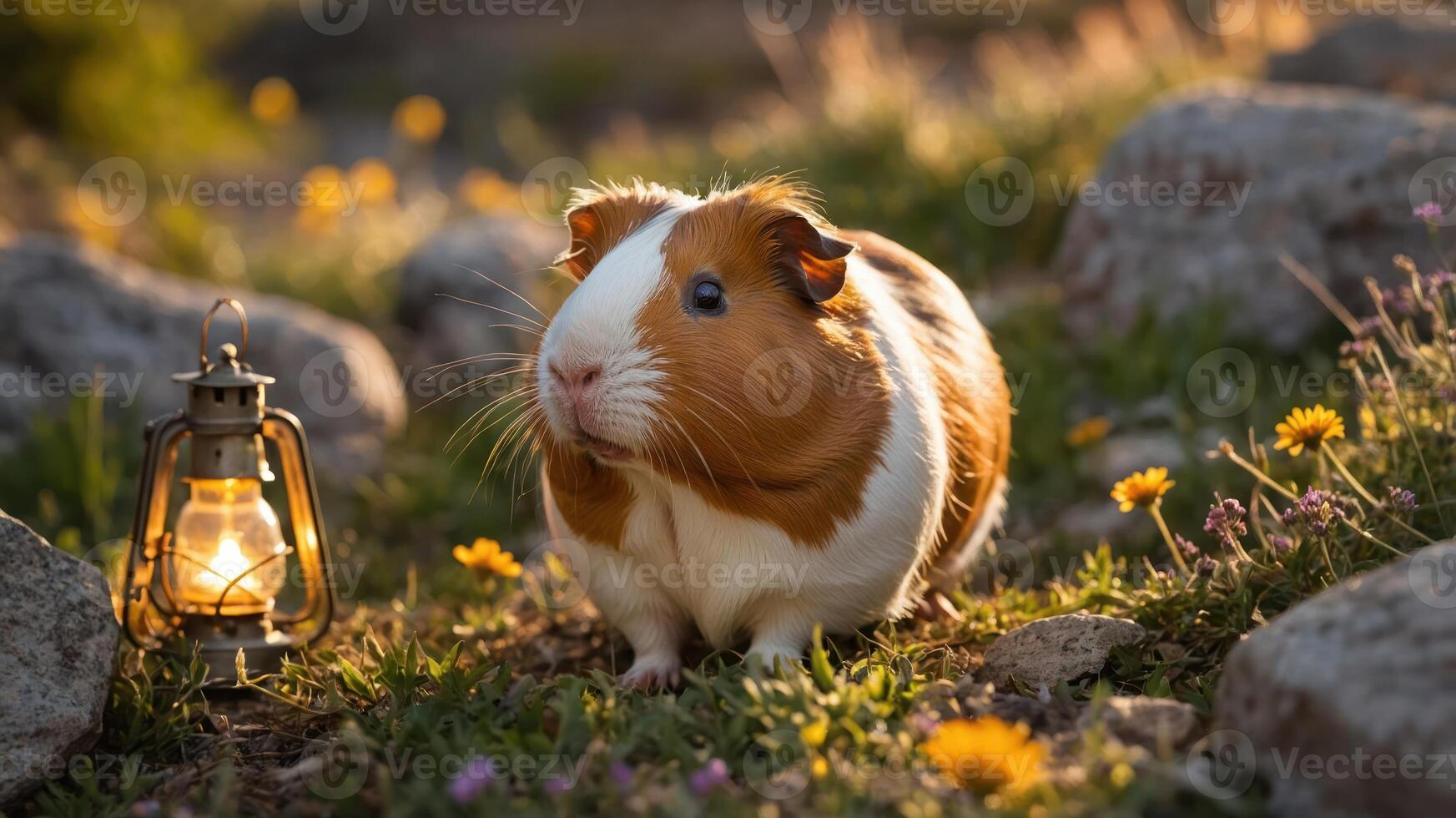 A guinea pig sits in a field of flowers next to a lantern during sunset. photo