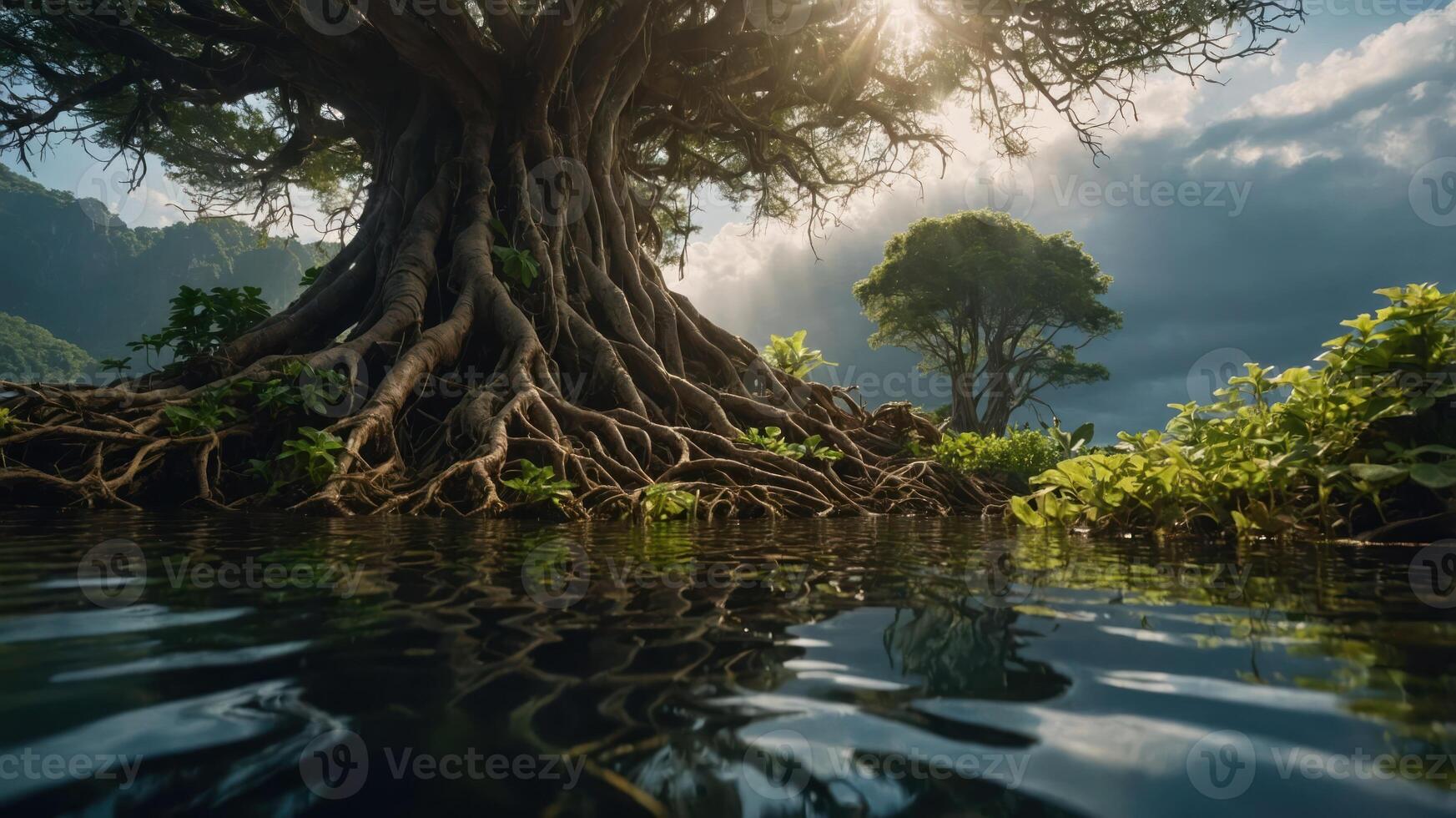 A majestic tree with sprawling roots reflected in calm water, surrounded by lush greenery. photo