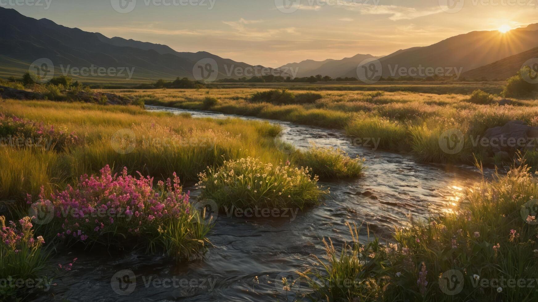 A serene landscape with a flowing stream and vibrant wildflowers under a sunset sky. photo