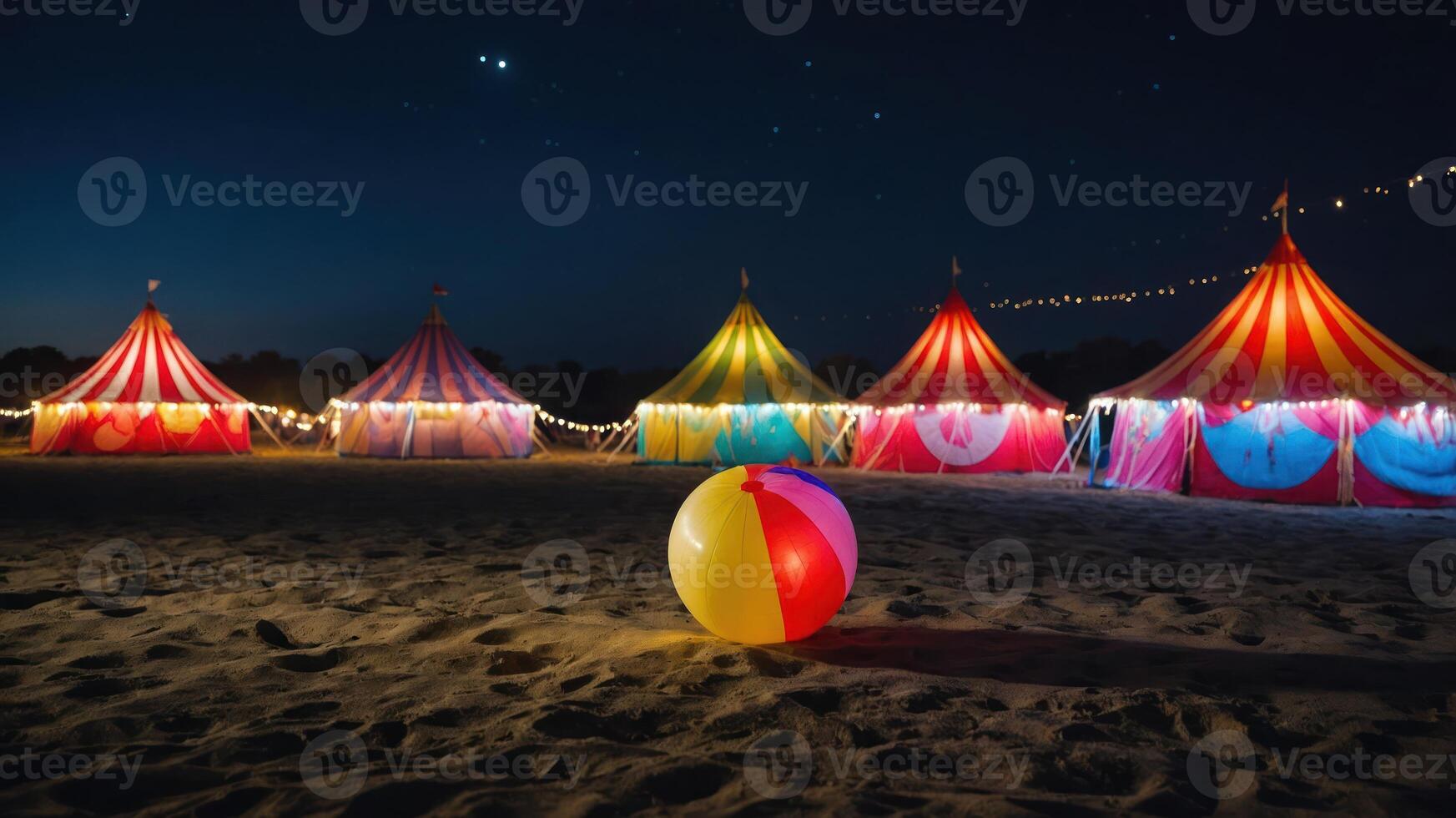 Colorful circus tents illuminated at night with a beach ball in the foreground. photo