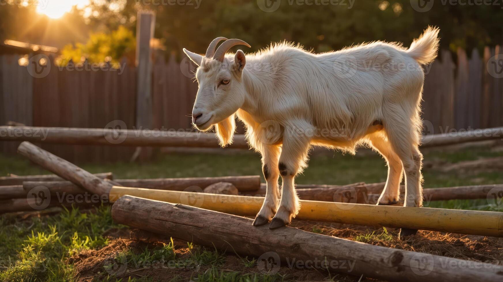 A goat balances on a log during sunset in a serene outdoor setting. photo