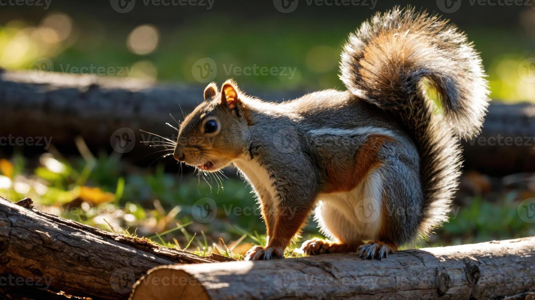 A squirrel perched on a log, illuminated by sunlight in a natural setting. photo