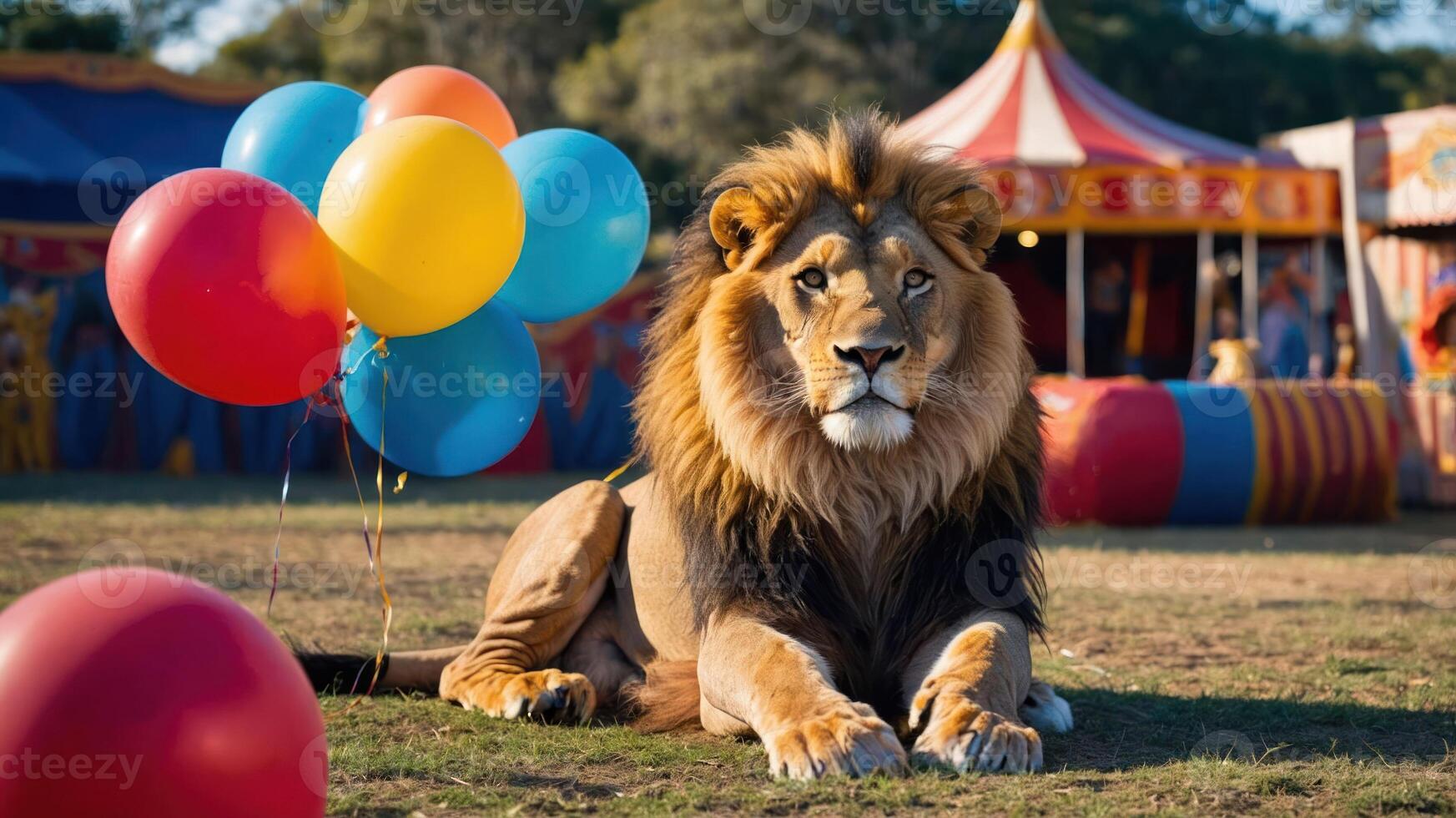 A lion rests beside colorful balloons at a circus setting. photo