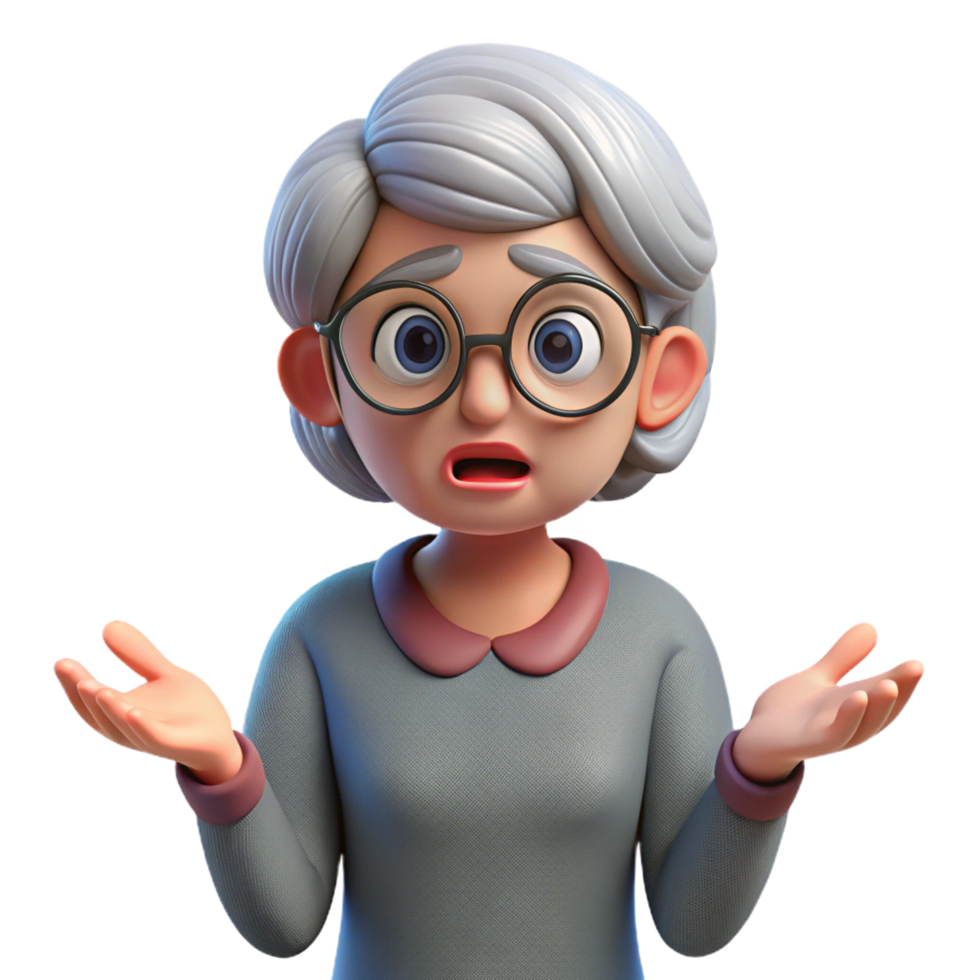 elegant rare Confused elderly woman with glasses, NO BACKGROUND with Transparent Background. png