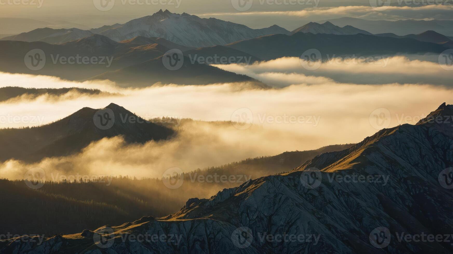 A breathtaking mountain landscape shrouded in mist during sunrise. photo