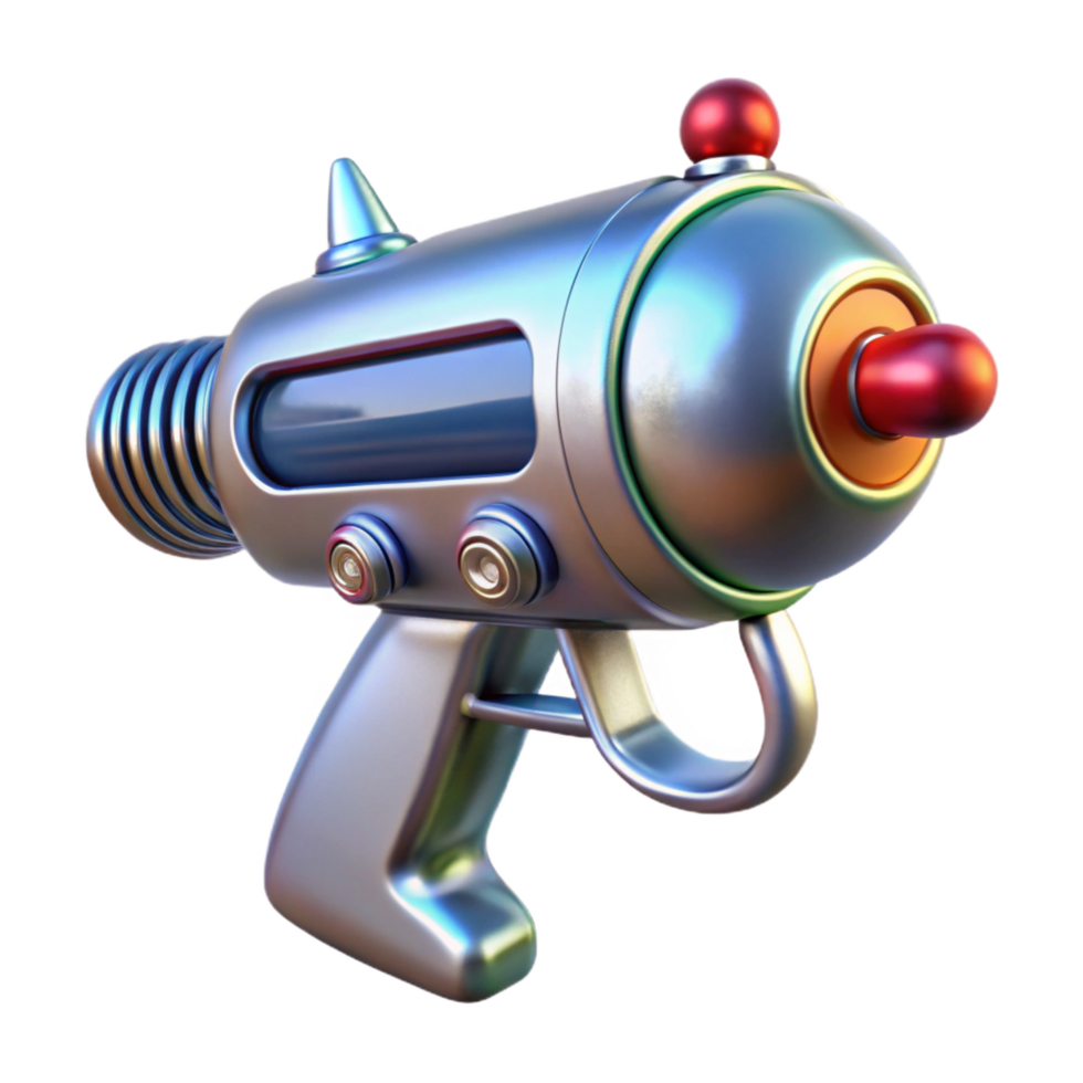 impressive distinctive Retro-futuristic ray gun with chrome finish, NO BACKGROUND with Transparent Background. png