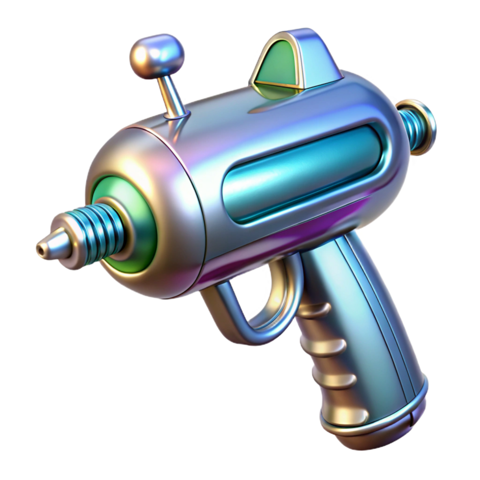 harmonious breathtaking Retro-futuristic ray gun with chrome finish, NO BACKGROUND with Transparent Background. perfect clarity png