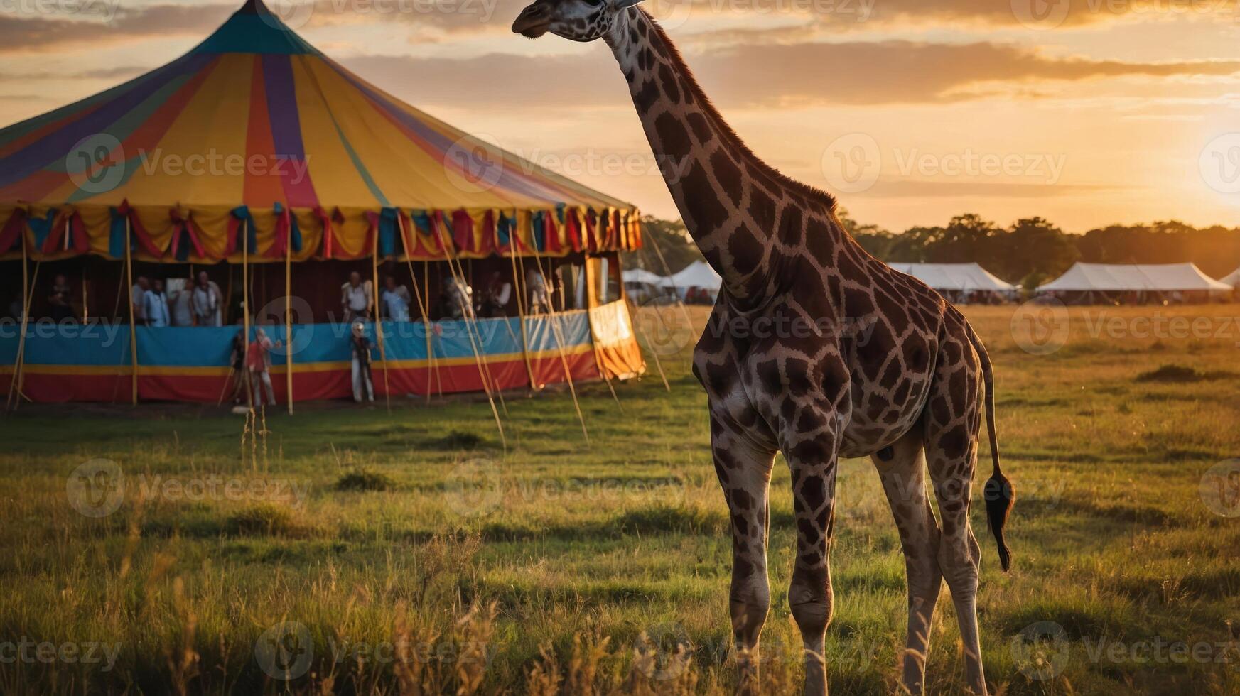 A giraffe stands near a colorful tent at sunset in an open field. photo