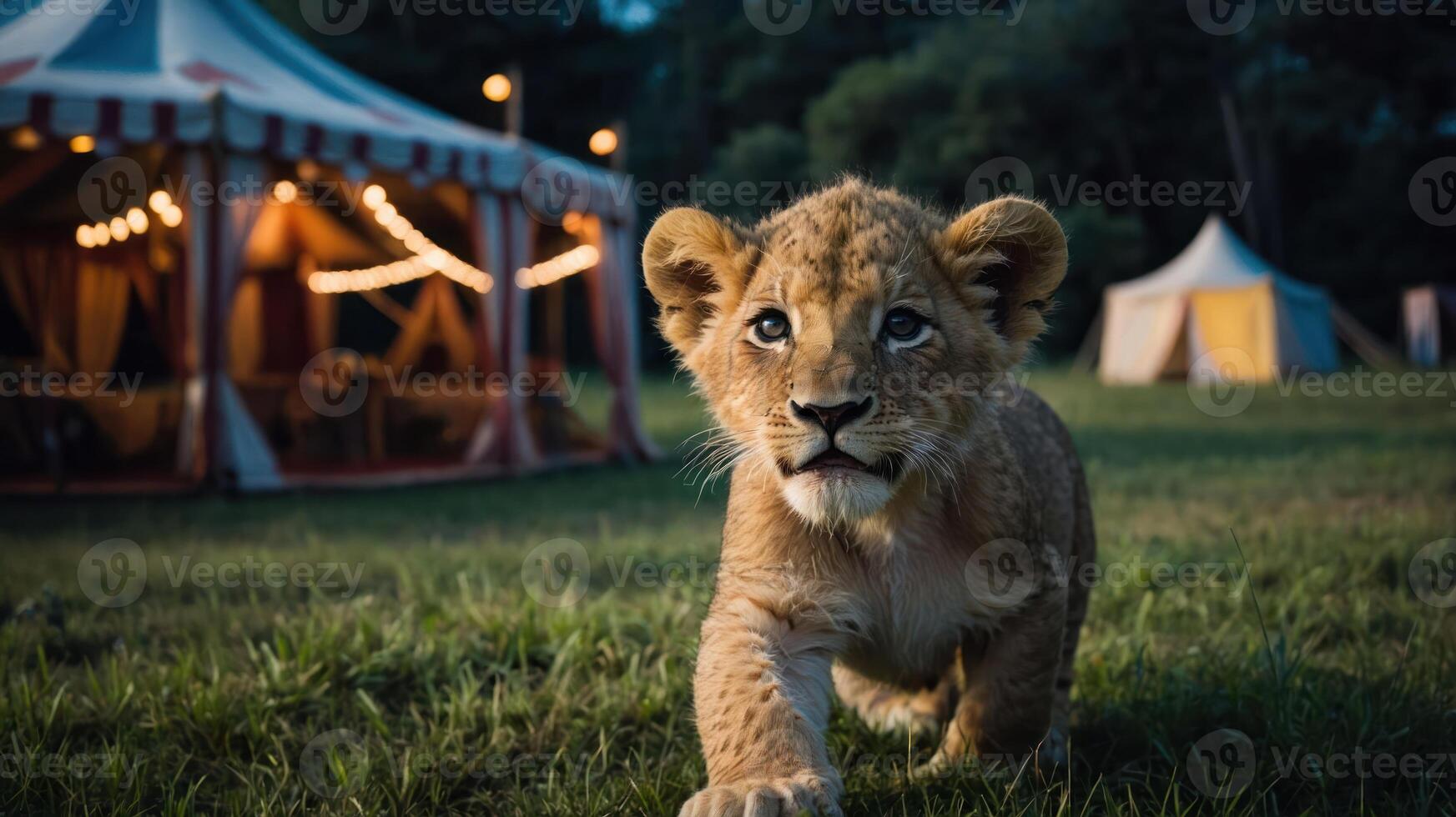 A lion cub walks toward a circus tent in a grassy field during twilight. photo