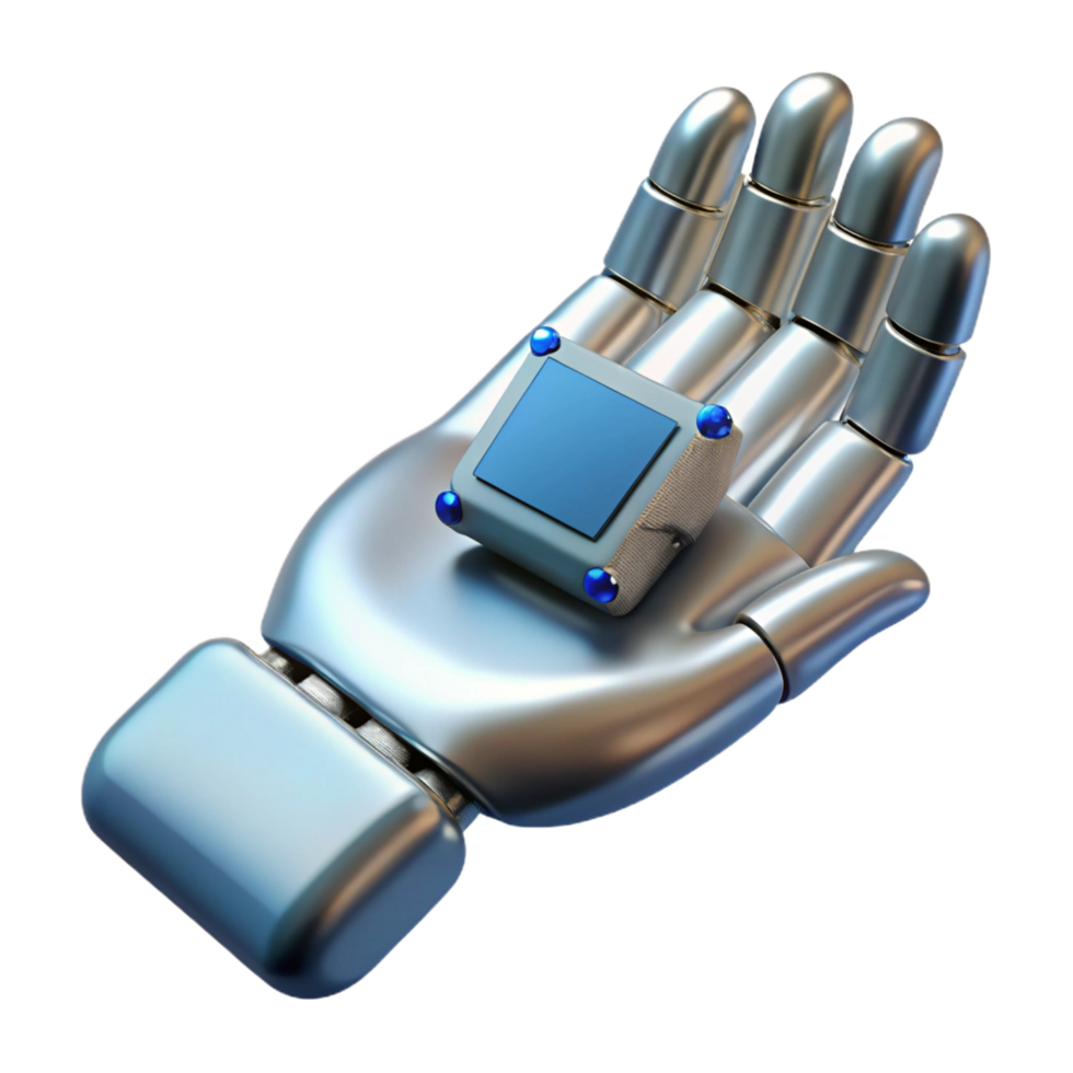 enchanting notable Metallic robotic hand holding a data chip, NO BACKGROUND with Transparent Background. png