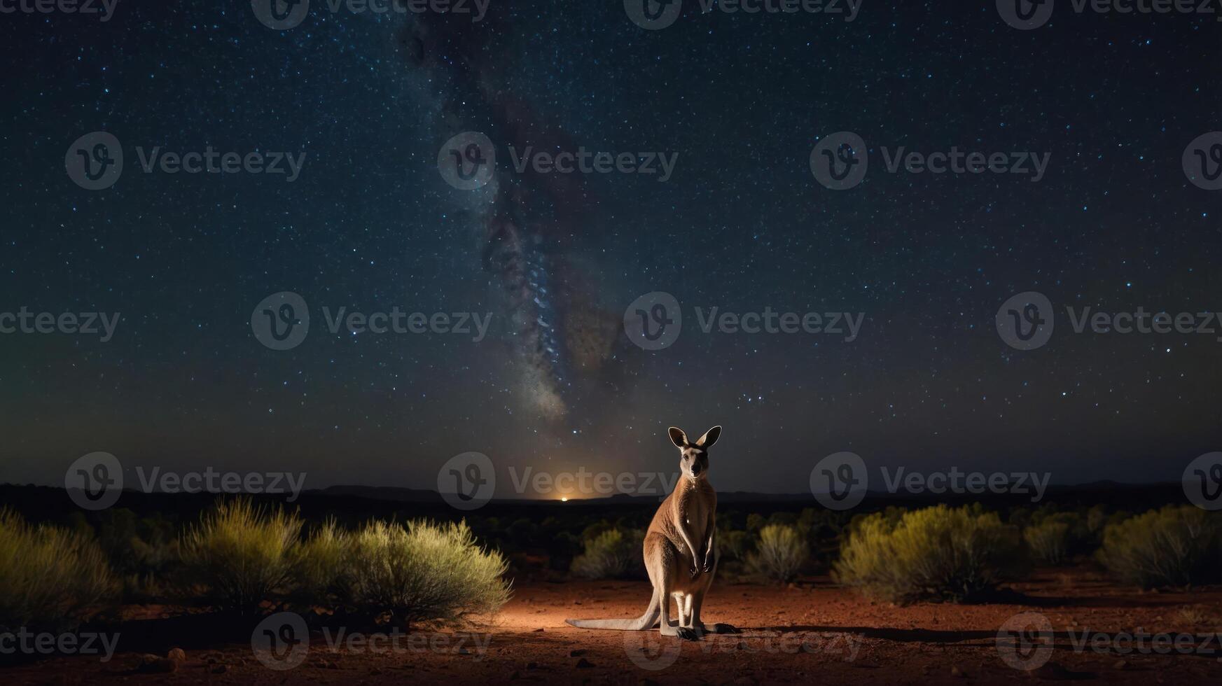 A kangaroo under a starry night sky, showcasing the beauty of nature and wildlife. photo