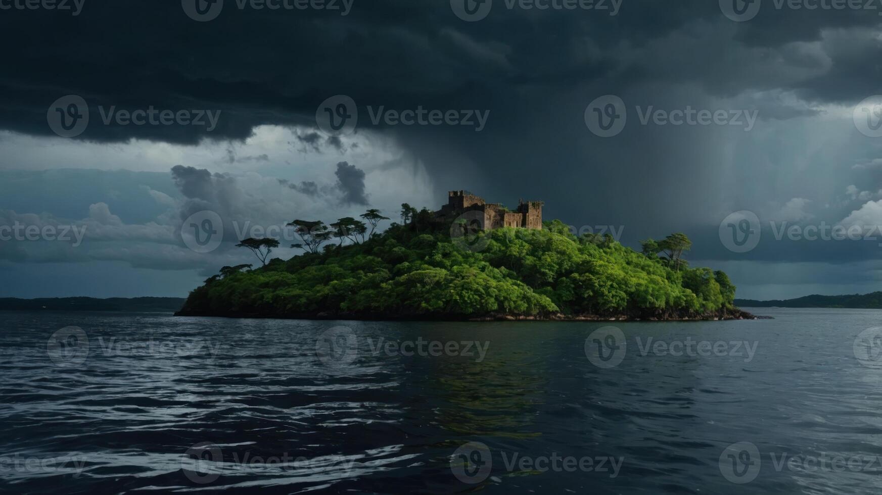 A stormy scene featuring a castle on a lush island surrounded by dark clouds and water. photo