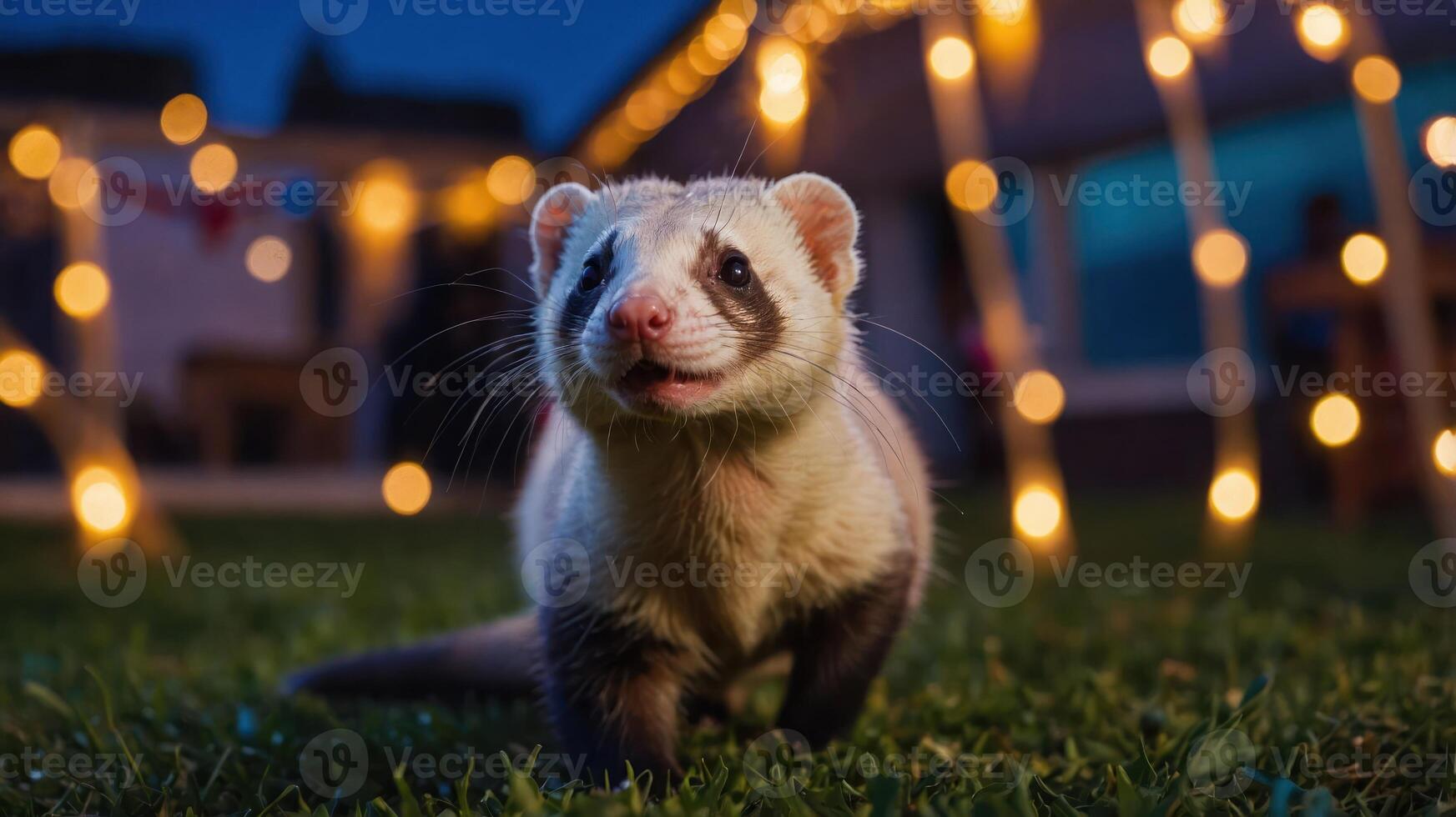 A playful ferret exploring a garden decorated with fairy lights at dusk. photo