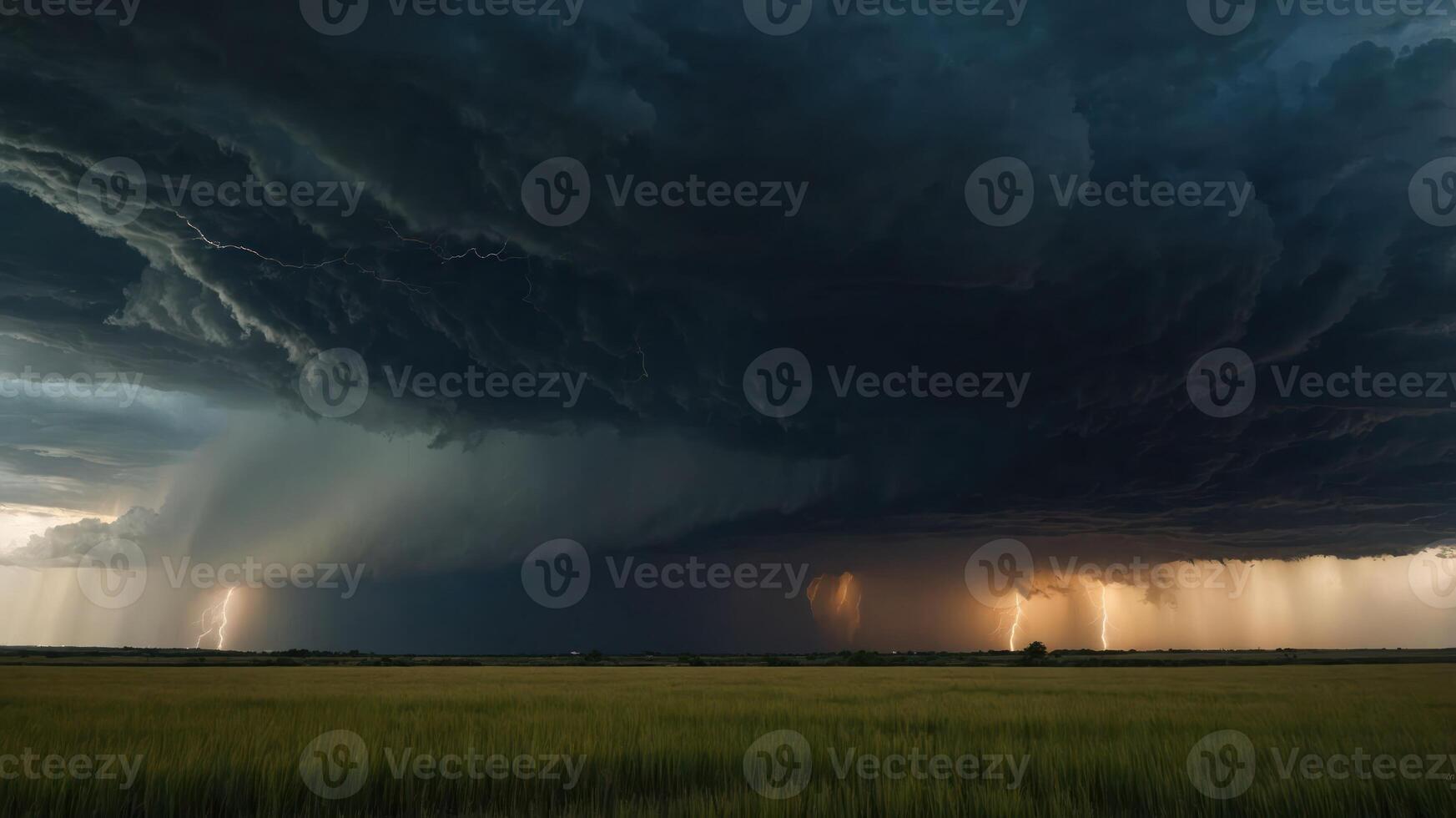 A dramatic storm scene with dark clouds, lightning, and rain over a grassy landscape. photo