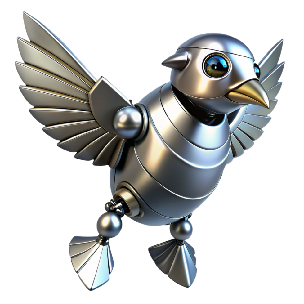 impressive remarkable Metallic robotic bird with flapping wings, NO BACKGROUND with Transparent Background. png