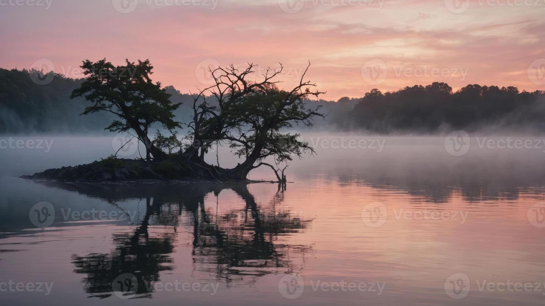 Serene lake at dawn with mist and silhouetted trees reflecting on the water. photo