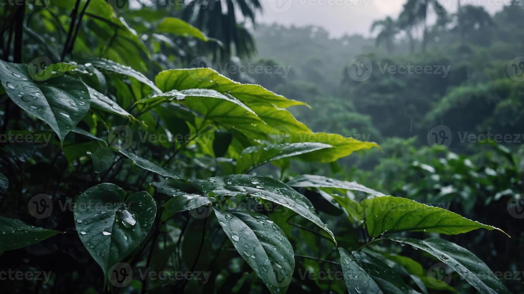Lush green leaves glistening with raindrops in a dense tropical forest. photo