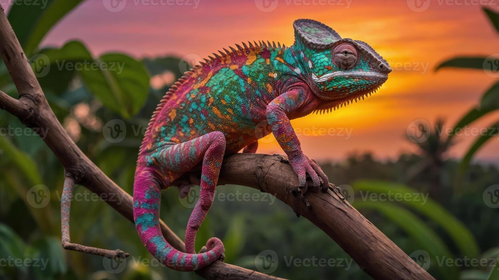 A colorful chameleon sitting on a branch at sunset photo