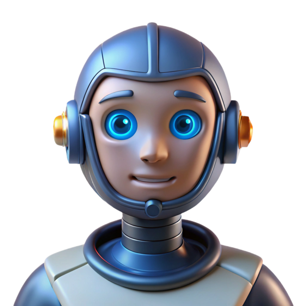 energetic pristine Artificial intelligence robot head NO BACKGROUND with Transparent Background. high resolution png
