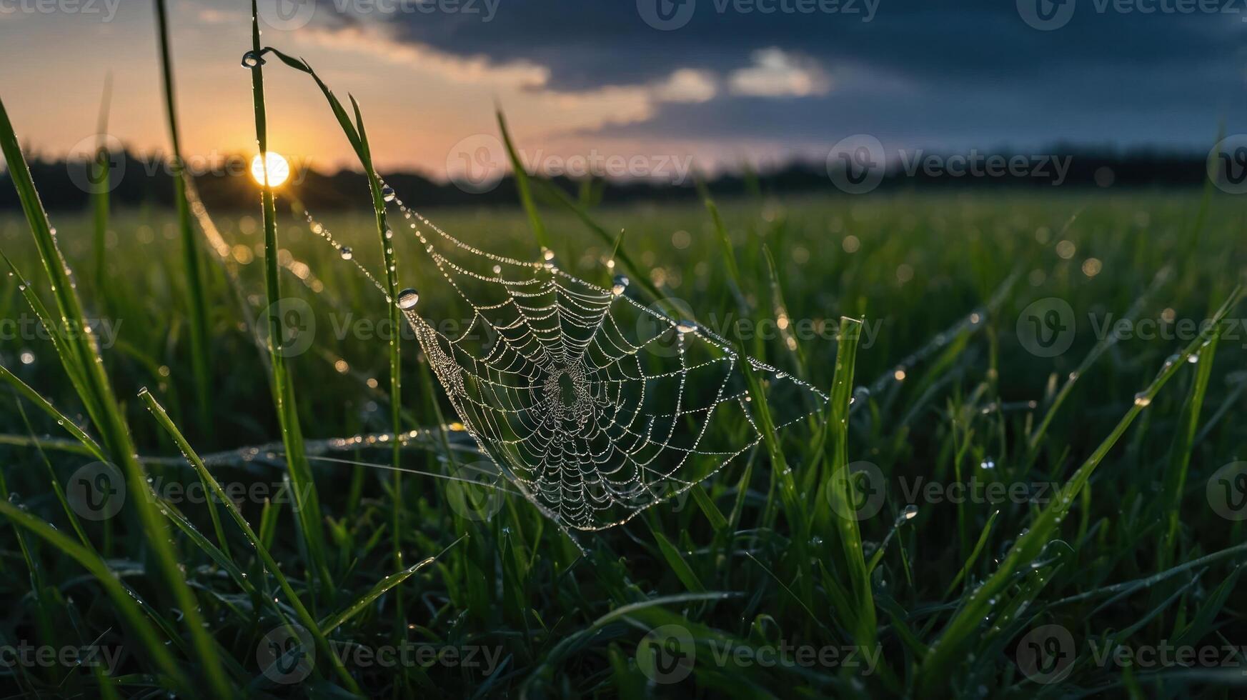 A close-up of a spider web glistening with dew in a grassy field at sunset. photo