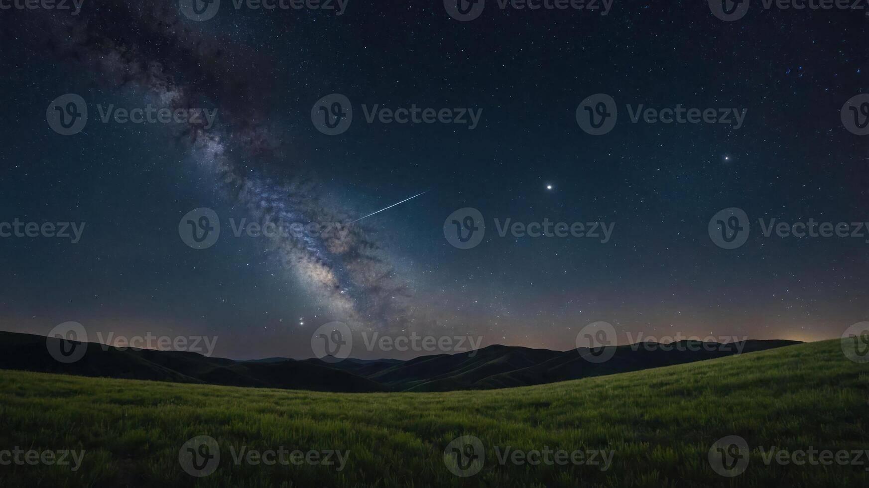 A stunning night sky filled with stars and the Milky Way over a grassy landscape. photo