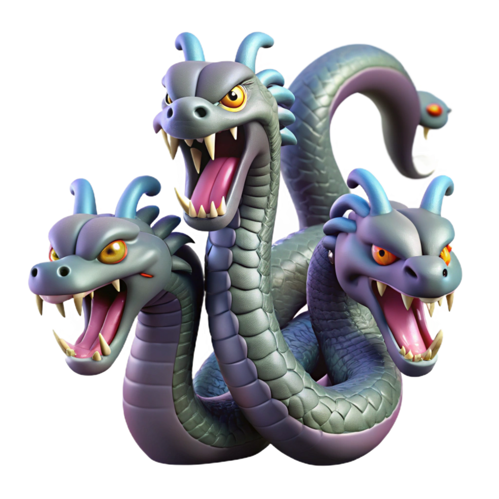 energetic majestic Hydra, multi-headed serpent, NO BACKGROUND with Transparent Background. fine detail png