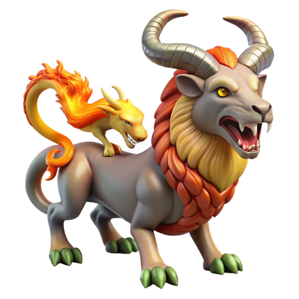 harmonious extraordinary Chimera, fire-breathing monster, goat, lion, serpent, NO BACKGROUND with Transparent Background. refined png
