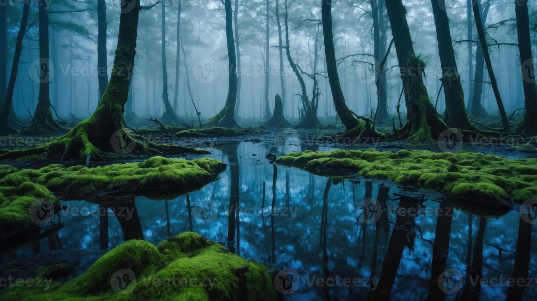 A misty forest scene with moss-covered ground and reflections in a tranquil water body. photo