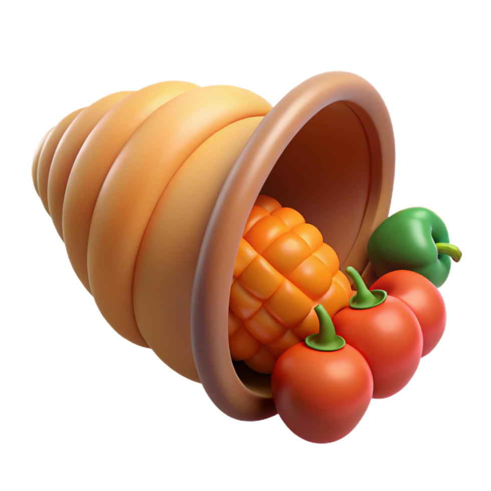 iconic traditional Cornucopia, horn of plenty, NO BACKGROUND with Transparent Background. expertly shot png