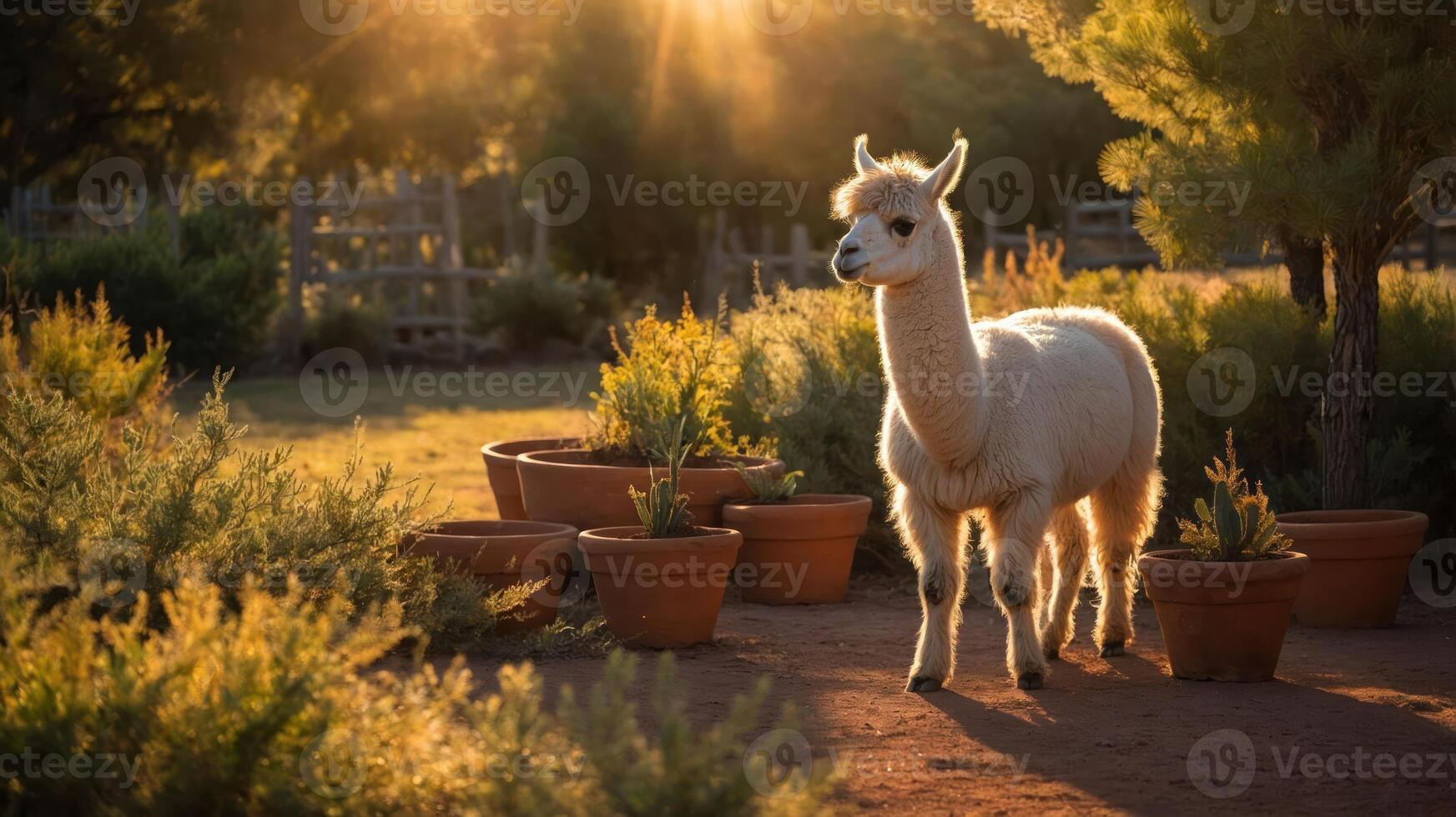 A serene llama stands amidst potted plants at sunset, creating a peaceful rural scene. photo