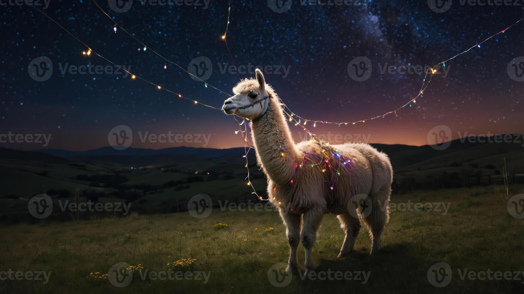 A decorated llama stands in a starry landscape, illuminated by colorful lights. photo