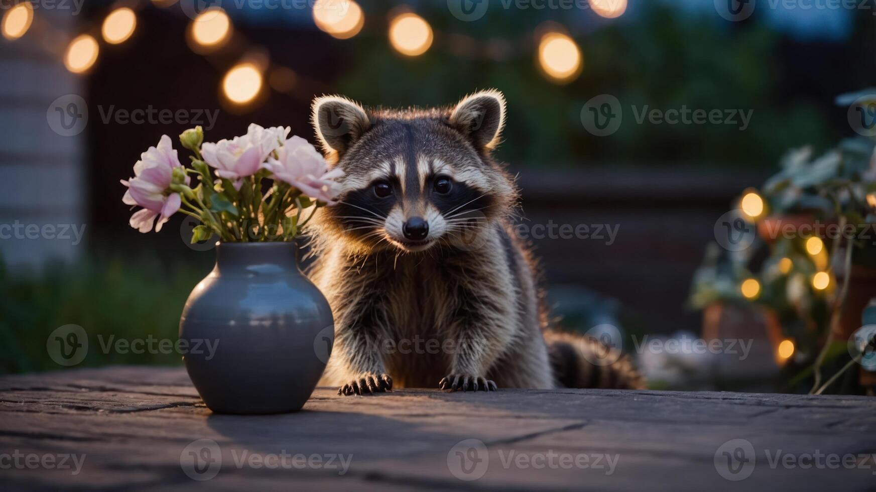 A curious raccoon peers at a vase of flowers in a softly lit outdoor setting. photo