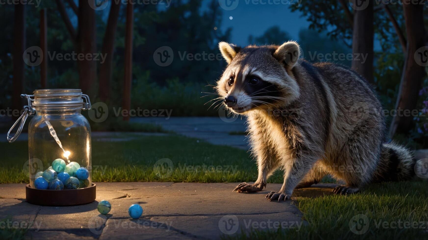 A raccoon curiously observes a jar of glowing marbles in a serene outdoor setting at night. photo