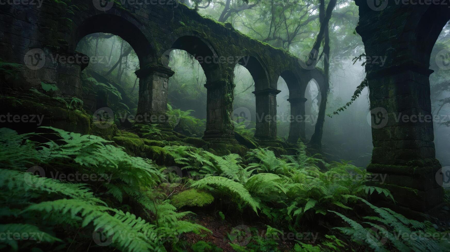 Ancient stone arches covered in lush greenery and ferns, shrouded in misty forest ambiance. photo