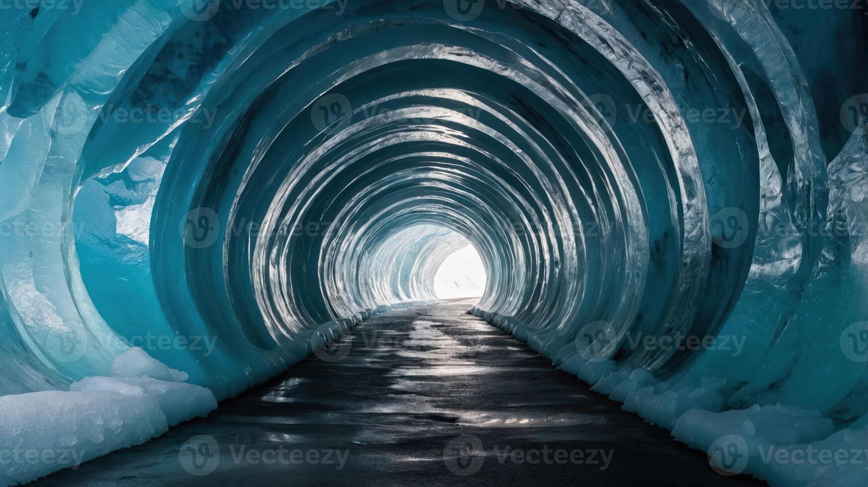 A mesmerizing ice tunnel with a smooth, glistening surface and a bright exit in the distance. photo