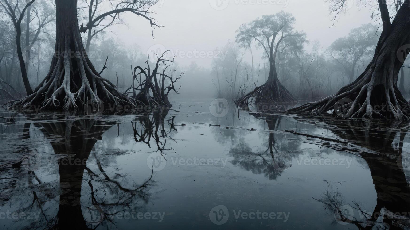 A misty swamp scene with reflective water and eerie trees. photo