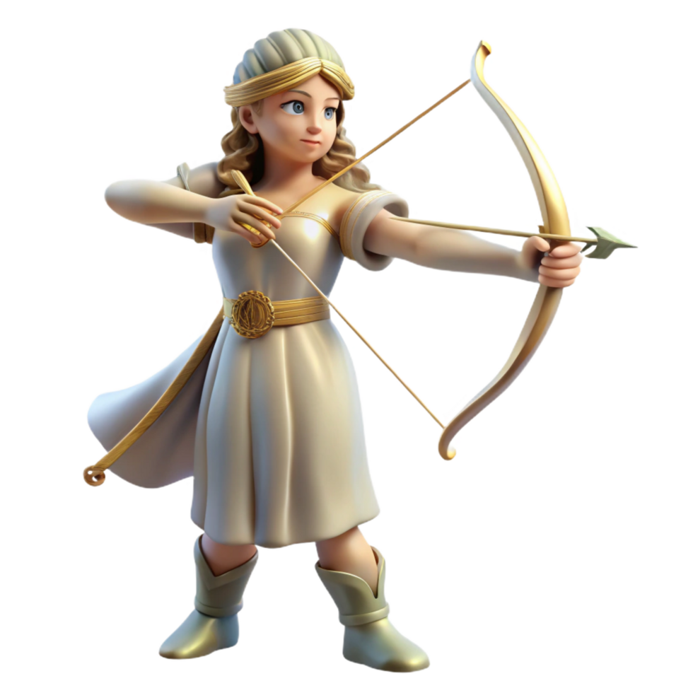 impressive geometric Artemis, Goddess of the Hunt, with bow and arrow, NO BACKGROUND with Transparent Background. detailed png