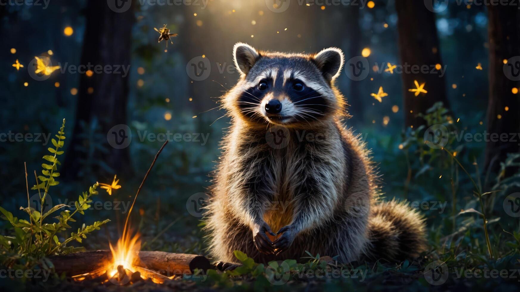 A raccoon sits near a campfire in a forest, surrounded by glowing butterflies. photo