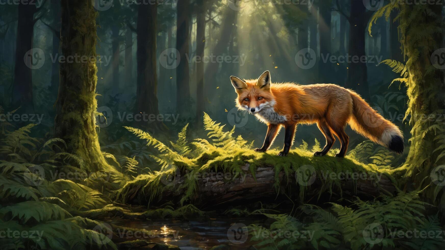 A fox standing on a mossy log in a sunlit forest, surrounded by ferns and a serene stream. photo